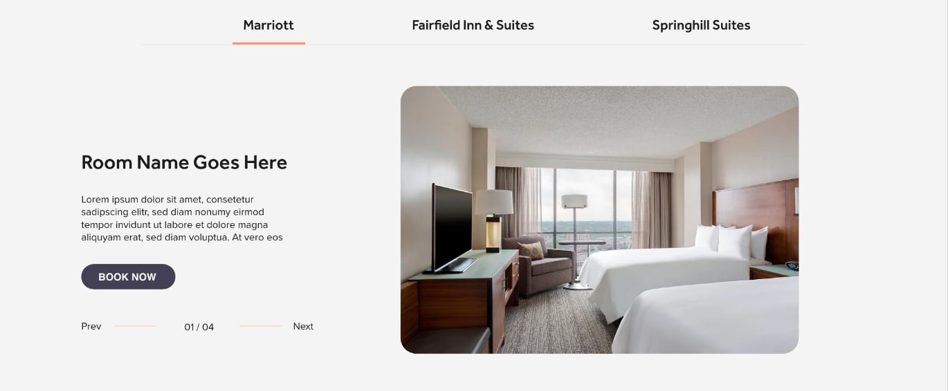 Hotel Stacked Image Carousel - Tabs (Optional)​ - Desktop Preview